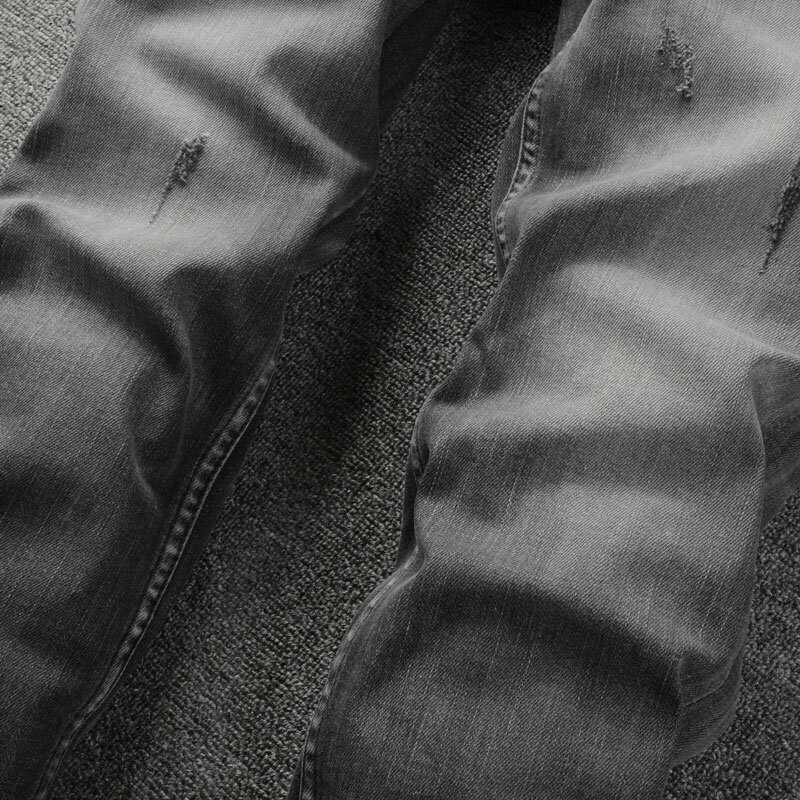 Pantalones vaqueros de estilo italiano para Hombre, Vaqueros Retro de color gris oscuro, elásticos, ajustados, rasgados, pantalones vaqueros de Hombre, Vintage, de diseñador
