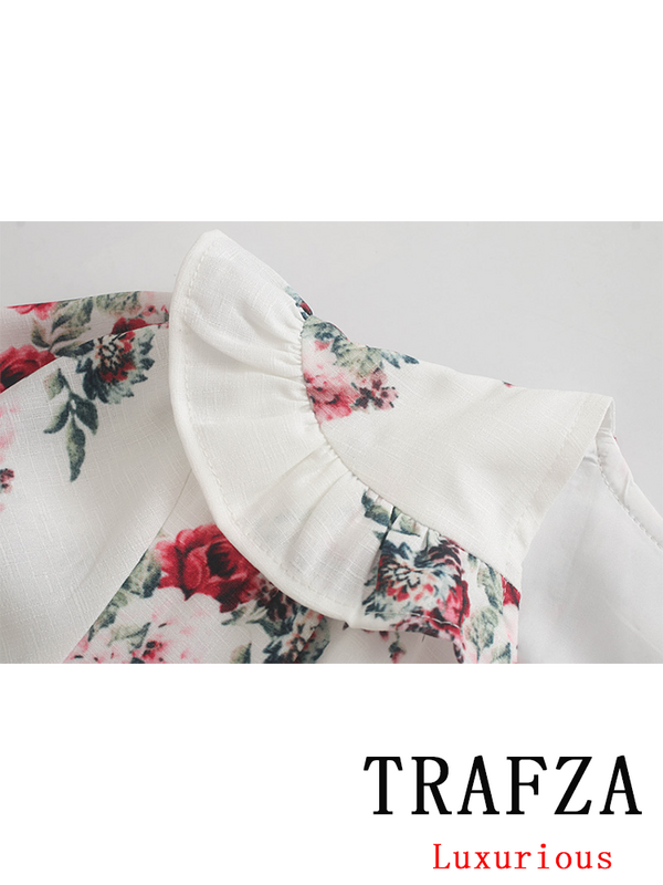 TRAFZA Vintage Casual Chic Print Women Dress V-Neck Ruffles Beach Mini Dress Fashion 2024 Summer Chic Boho Party Female Dress
