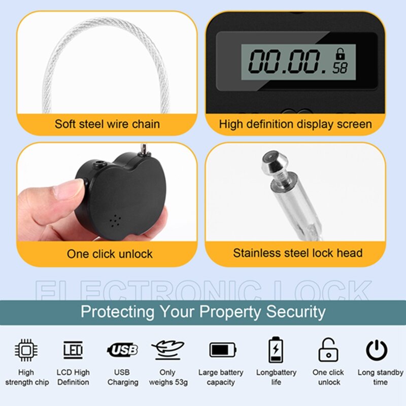 Smart Time Lock LCD Display Time Lock Multifunction Travel Electronic Timer, Waterproof USB Rechargeable Temporary Timer Padlock
