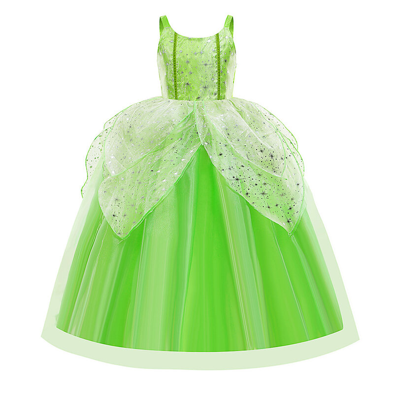 Dzwoneczek sukienka Sling dzieci lato brokat zielony kostium księżniczki występ na scenie stroje dzieci na imprezę Cosplay elegancka suknia