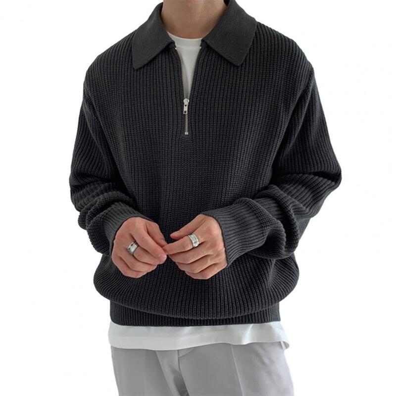 Men Sweater Men's Zipper Knit Sweater with Lapel Solid Color Long Sleeve Soft Warm Mid-length Casual Pullover for Fall Winter