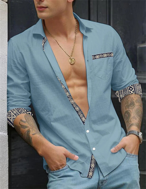 New men's shirt fashion lapel solid color patchwork printed long sleeved button up shirt street casual high-quality clothing