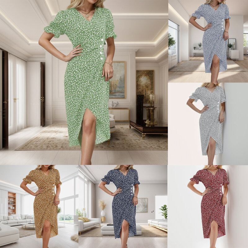 2024 Summer Floral Bodycon Midi Dress For Women V Neck Long Sleeve Ruched Slim Fit Dresses Female Clothing Sexy Vestido Robe