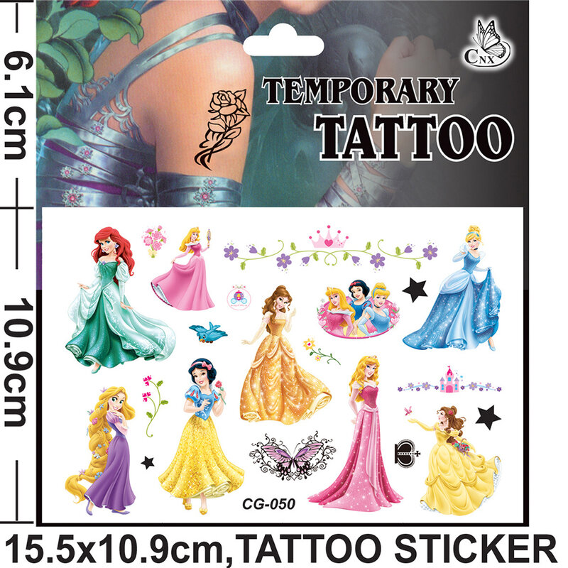 Disney Princess Tattoo Stickers Cartoon Mermaid Snow White Crianças Braços Rosto Temporário Falso Tatuagens Body Art Kids Party Gifts