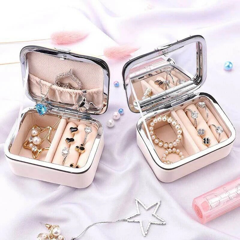 Jewelry Storage Box With Mirror PU Leather Earring Ring Necklace Storage Box Jewelry Organizer Display Travel Case