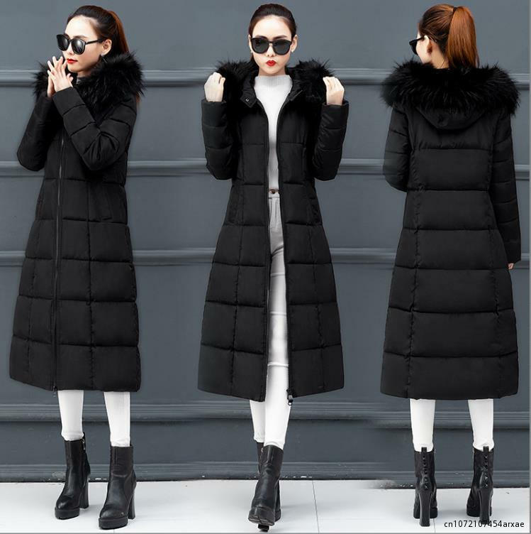 เสื้อโค้ทกันหนาวแบบพองสำหรับผู้หญิงเสื้อพาร์กาส์บุยาวสีดำแจ็กเก็ตขนหนาให้ความอบอุ่นสำหรับฤดูหนาว