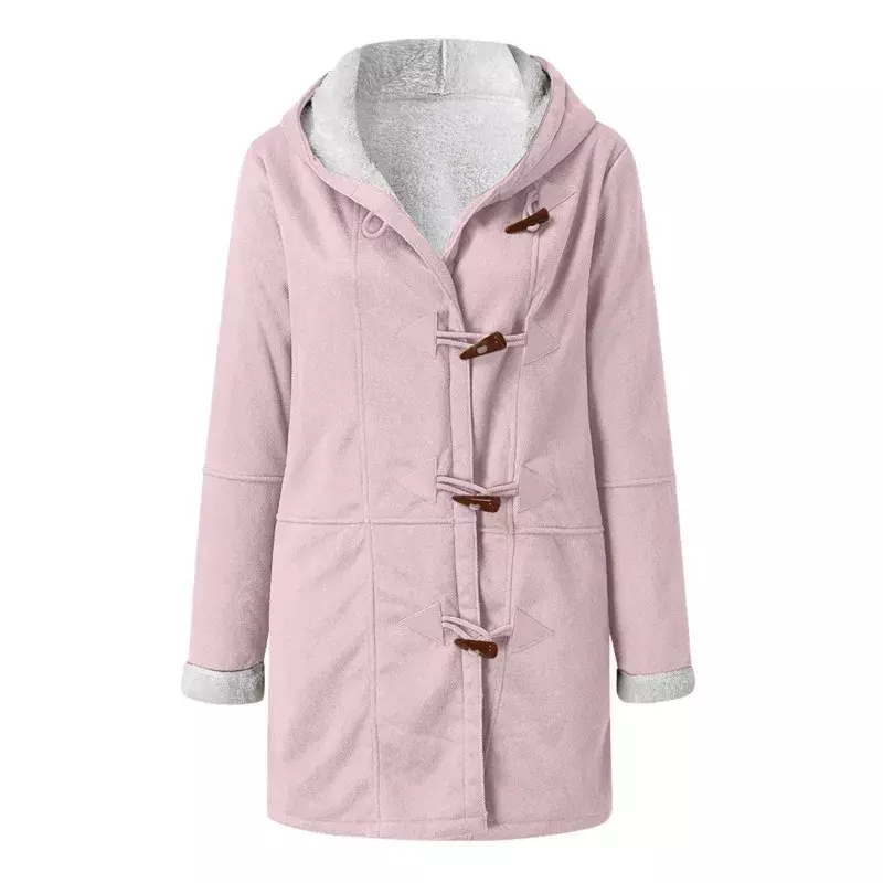 Women's Long Warm Coat with Horn Button and Fleece with Hood and Thick Casual Coat