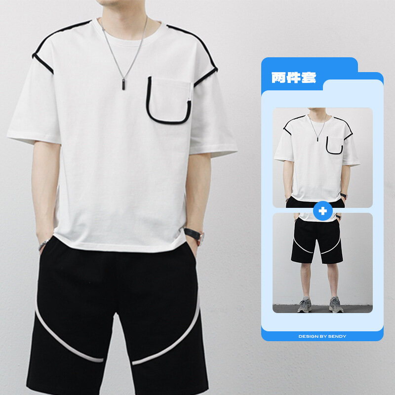 Men's Summer Ice Silk Suit O Neck Loose Sports Leisure Elastic Waist Short Sleeved T-shirt + Shorts Quick Drying 2 Piece Sets