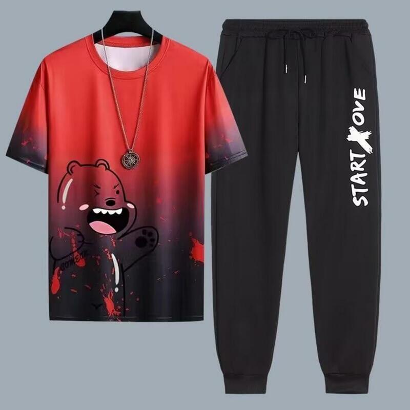 Sports Suit Men's Summer Cartoon Print T-shirt Drawstring Waist Shorts Set Casual Outfit with Elastic Waistband for Hot