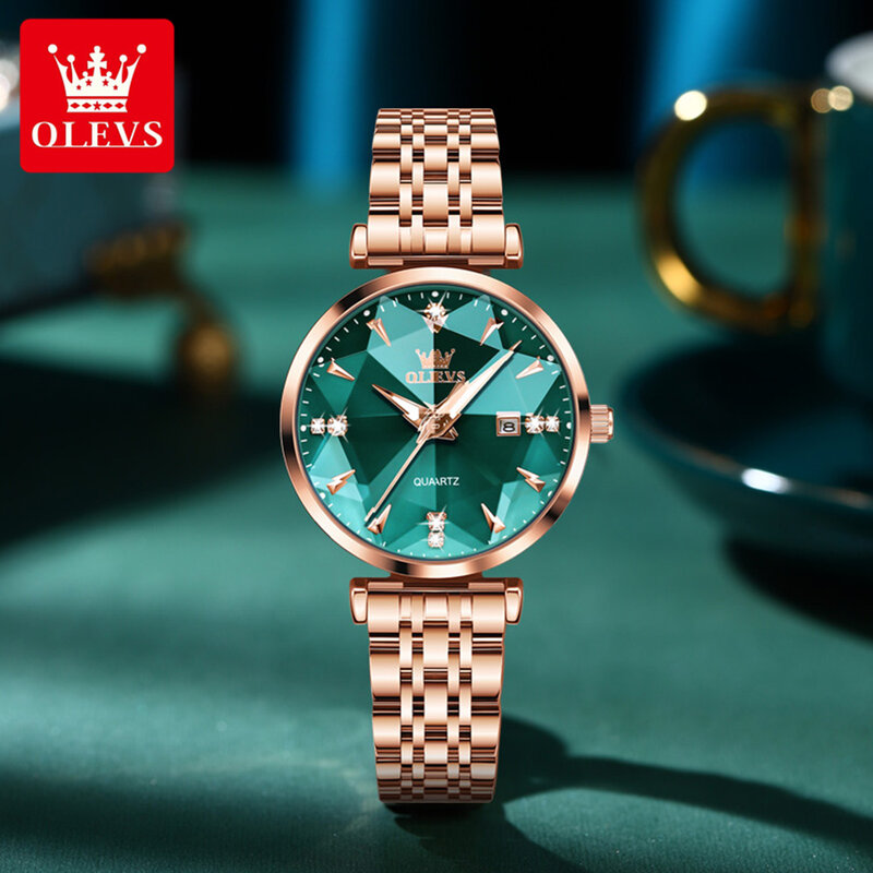 OLEVS 2023 New Luxury Women Quartz Watches Rose Gold Stainless Steel Strap Waterproof Watch Ladies Fashion Rhombus Glass Watch
