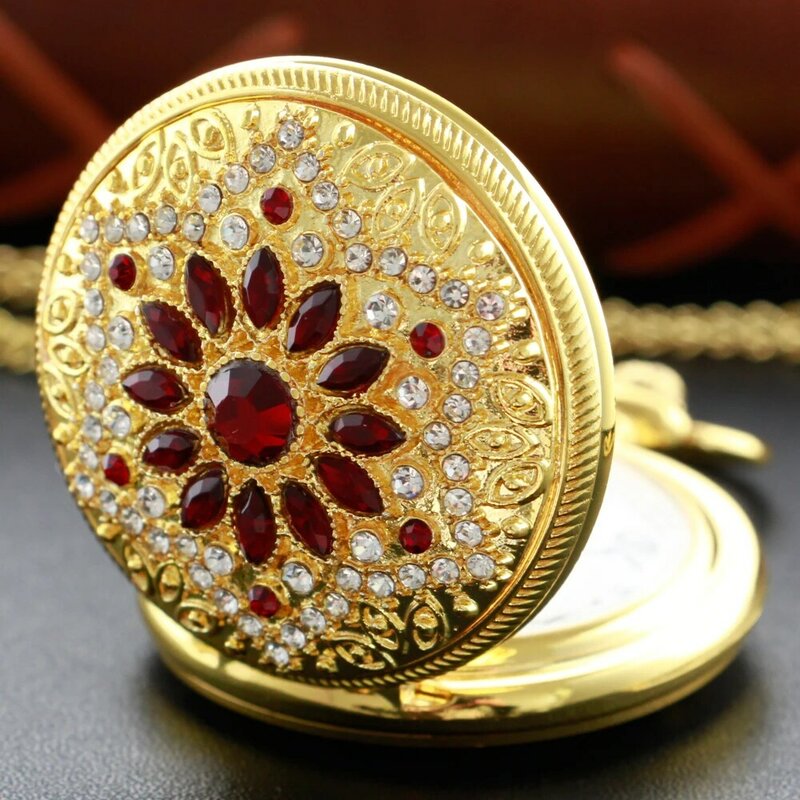 New Gold Luxury Ruby Pocket Watch Necklace Digital Pendant Chain Clock Fashion Sculpture Women's Men's Gift