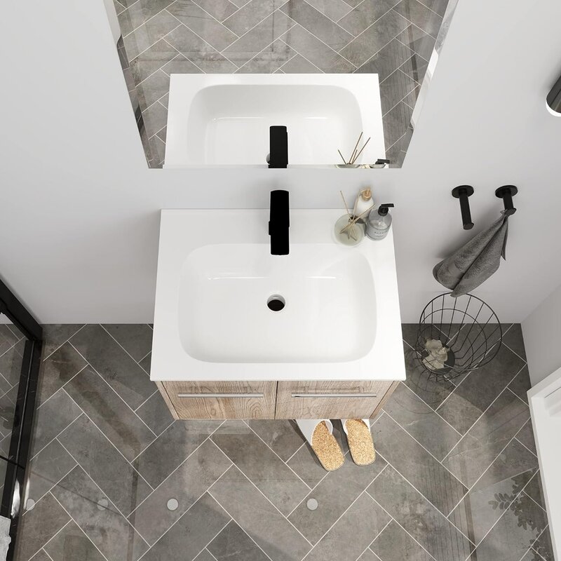 Armario de baño colgante de madera de almacenamiento para espacio pequeño, lavabo de baño, de 24 pulgadas juego moderno de roble blanco, tocador de baño con lavabo para el hogar
