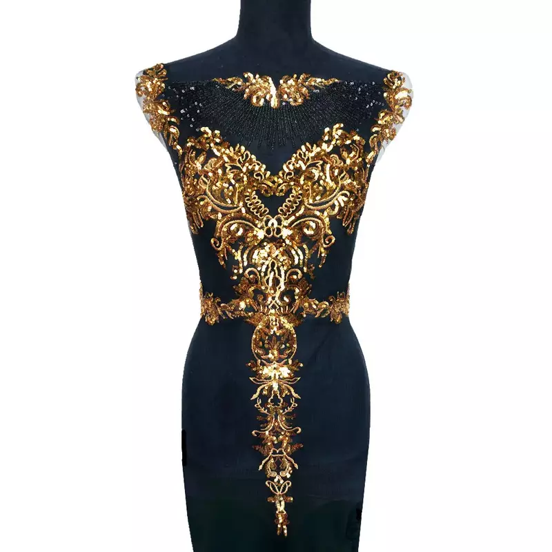 1セット黒チュールゴールドスパンコール刺繍レース生地タッセル王室貴族のウェディングドレスアップリケパッチ襟ドレスdiy