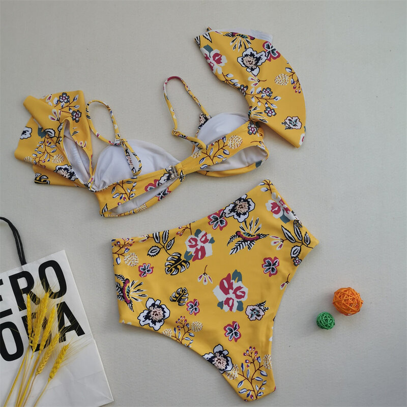 Conjunto de Bikinis de cintura alta para mujer, traje de baño con volantes florales, bañador de vacaciones, microtanga, traje de baño Bandeau brasileño para playa