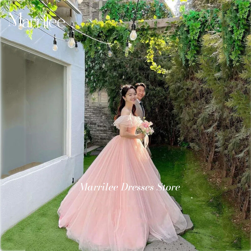 Elegant Pink Tulle Wedding Dress Woman Strapless Ribbon Off The Shoulder Bridal Gown Sleeveless Sweep Tain Bride Dresses 2024