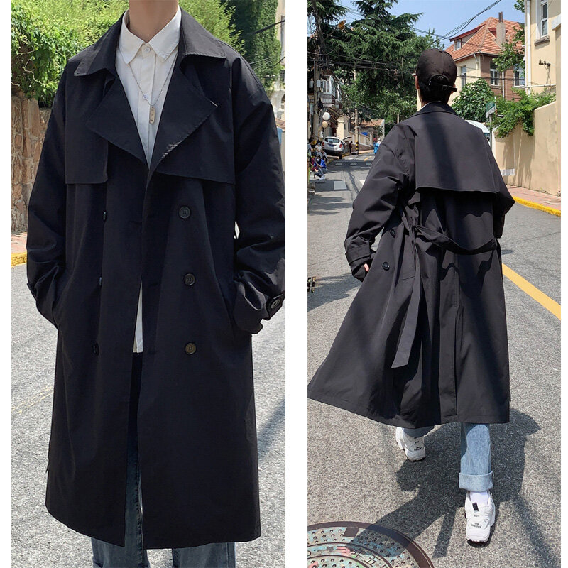 Casaco de trincheira longo estilo coreano masculino, blusão, monocromático, sobretudo solto casual, streetwear masculino, de negócios, primavera