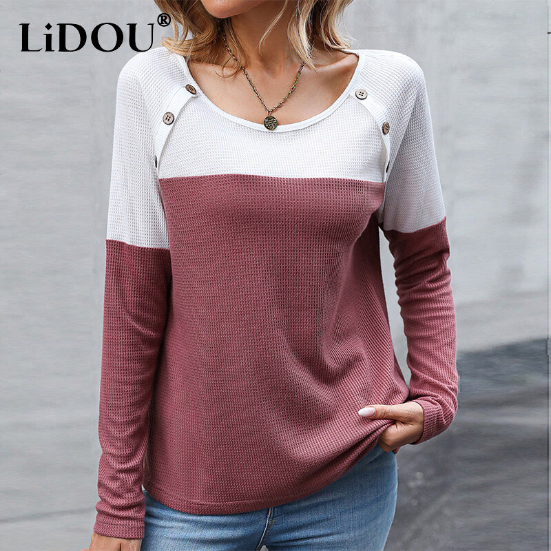 Autumn Winter New Buttons Patchwork Casual Sweaters Ladies Loose Fashion Knitting Jumpers Women's Simple All-match Pullovers Top