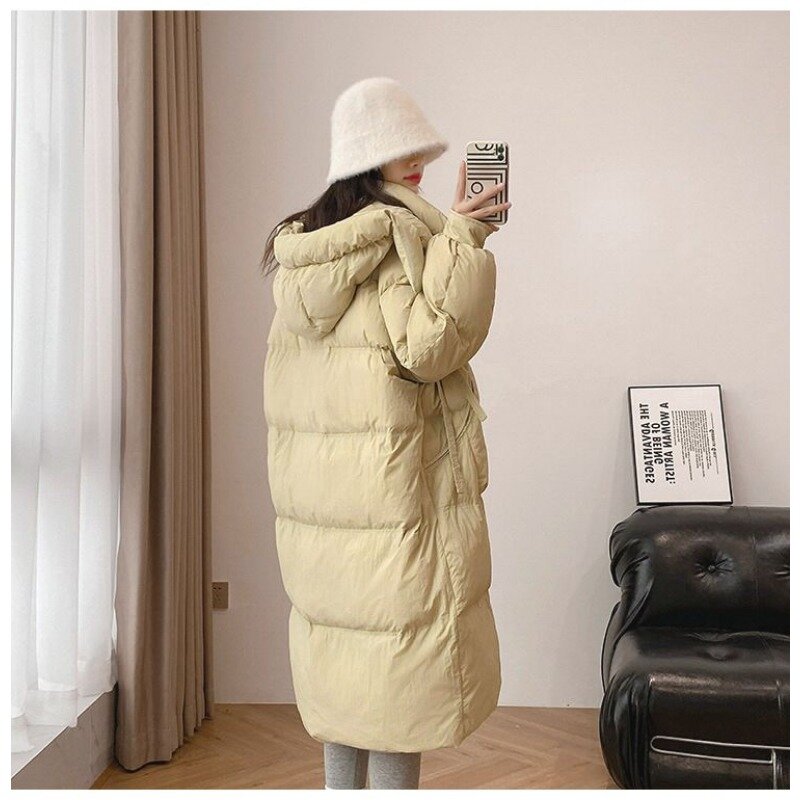 女性のためのフード付き冬のコート,膝の長さのパーカー,厚くてルーズなアウター,白いダックダウンコート,大きなポケット,新しい2023