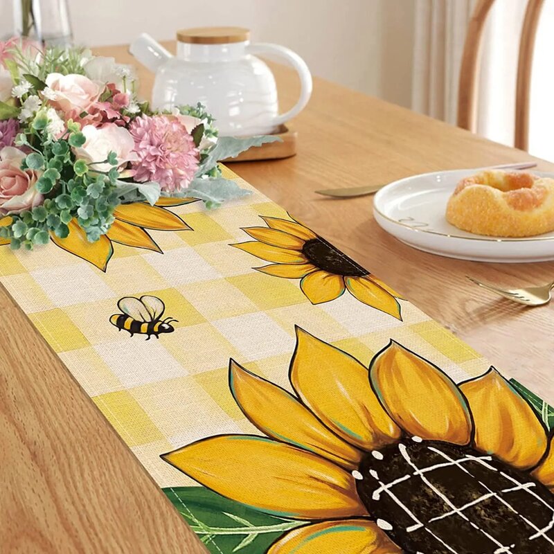 Spring Sunflower Floral Linen Table Runner Wedding Decoration Yellow Buffalo Plaid Kitchen Dining Table Runner for Party Decor