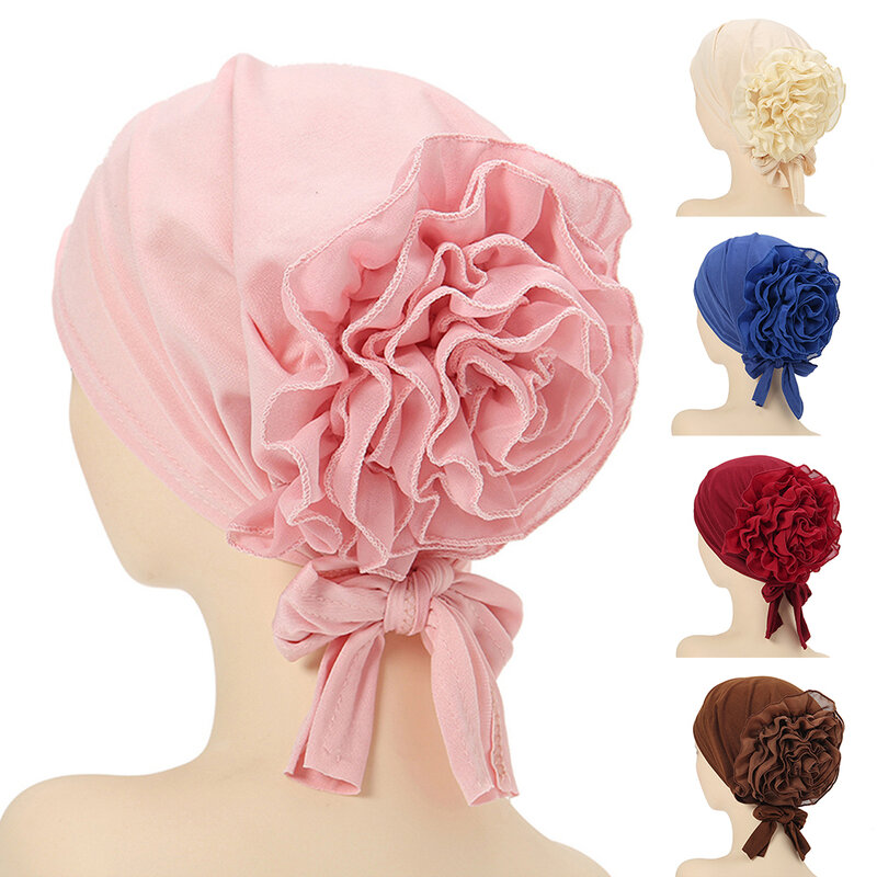 New Women Pre-Tied Hijabs For Women Turban Hat Inner HIjab Caps Solid Color Back Flower abaya Islam Udnerscarf Women's hijabs