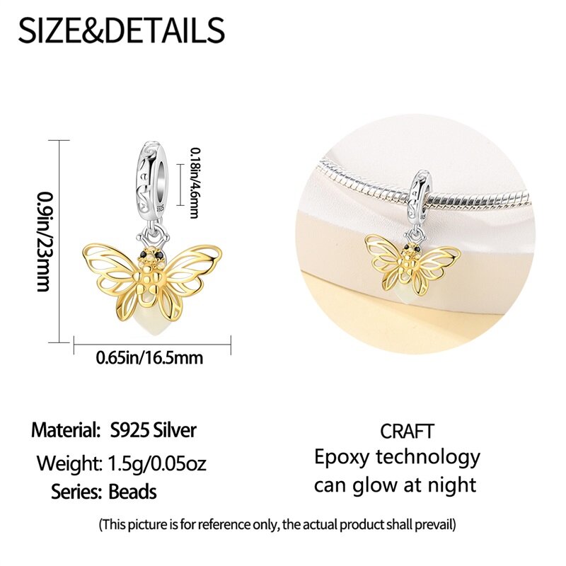 Dijes aptos para pulseras Pandora 925 originales, camaleón luminoso luciérnaga mariposa, abalorios de plata 925, cuentas finas, fabricación de joyas DIY