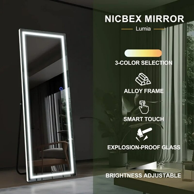 Cermin seluruh tubuh 63X16 inci, kaca panjang penuh dengan lampu LED putih dengan dudukan lantai berdiri besar ruang tamu rumah