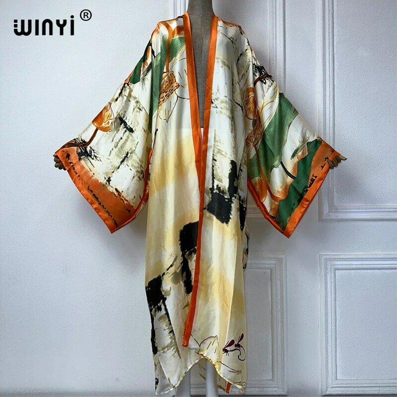 Winyi Sommer Outfit Kimono Afrika Boho Print Strand vertuschen Maxi kleid Strickjacken Strand tragen Frauen Abaya Dubai Luxus