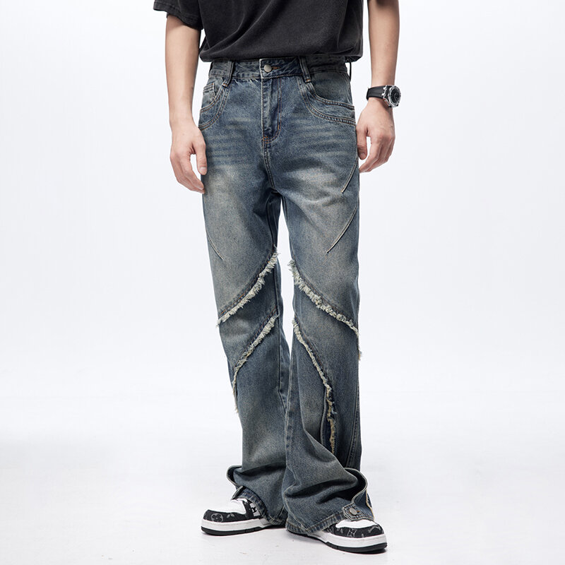 2024 New High Street Spliced Ragged Edge  Micro Horn Jeans For Men And Women'S Fashion Street Straight Tube Loose Wide Leg Pants
