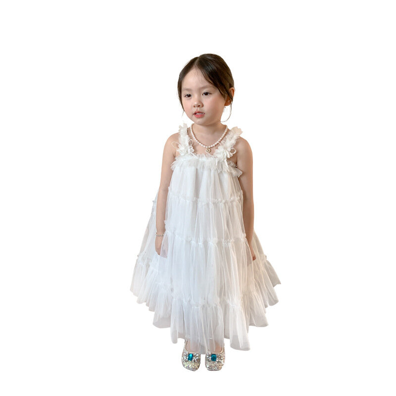 Abbigliamento per bambini vestito per ragazze 2024 estate nuova versione coreana vestito da principessa con bretelle per bambini vestito bianco per bambini