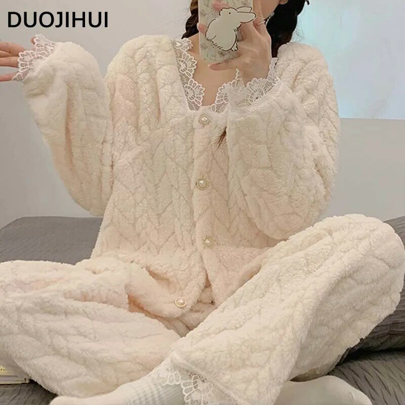 Duojihui Winter Flanel Single Breasted Fashion Top Dames Nachtkleding Set Eenvoudige Losse Casual Broek Chique Kanten Pyjama Voor Dames