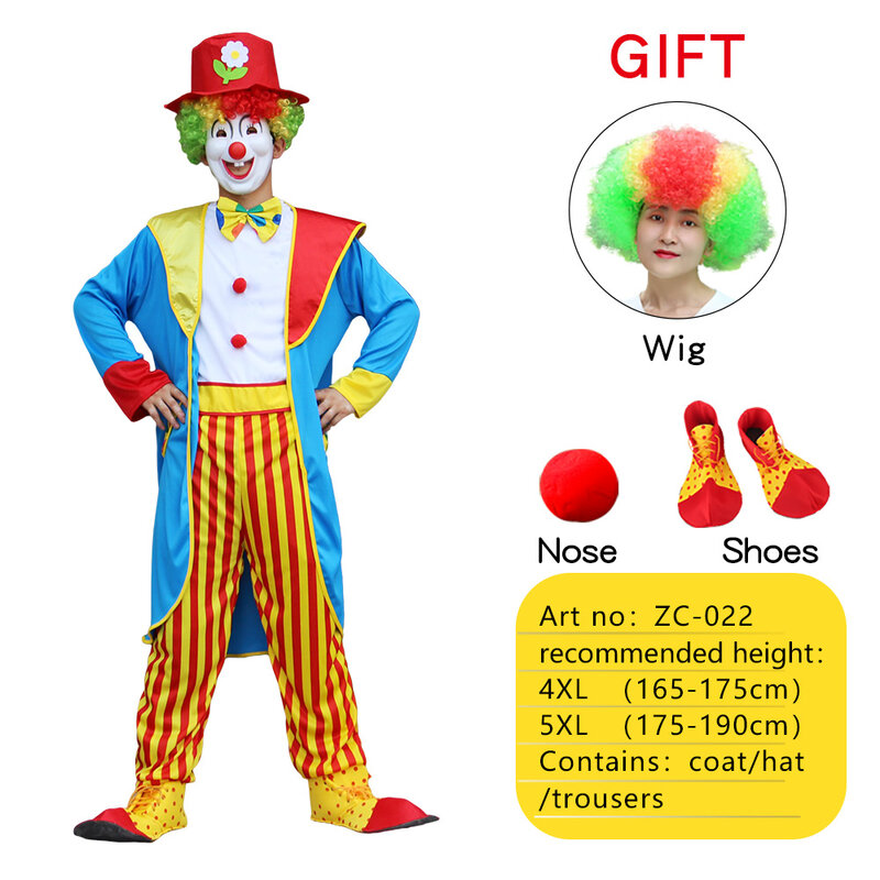 Мужской костюм клоуна, мужской костюм для взрослых, костюмы для косплея с париком, носом и туфлями, костюмы для карнавала, 4 шт.