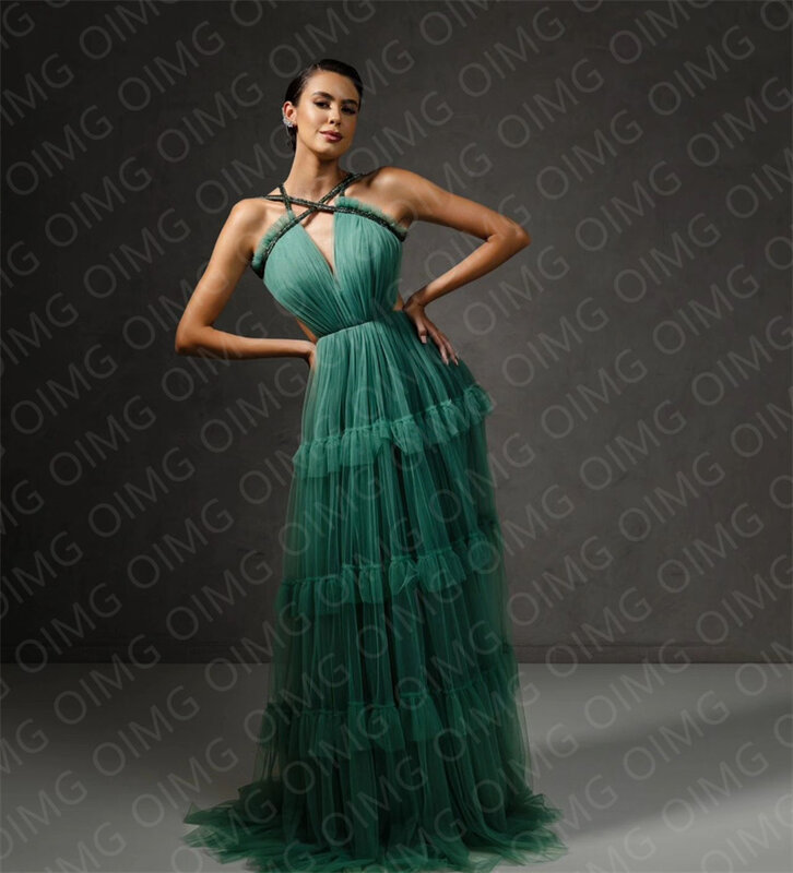 OIMG Green Sleeveless Tulle A Line Long Prom Dress Gown Halter Shiny Backless Night Evening Dress Sleeveless Formal Club Gown