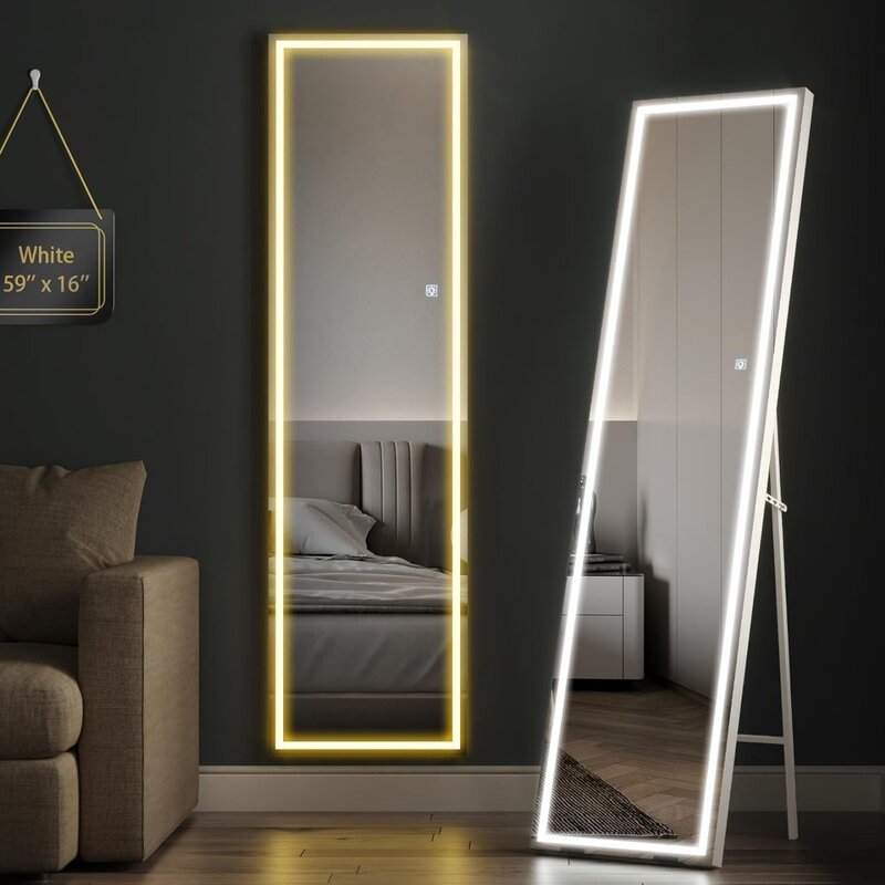 Espejo de piso iluminado de cuerpo completo, espejo LED montado en la pared, longitud completa, atenuación e iluminación de Color