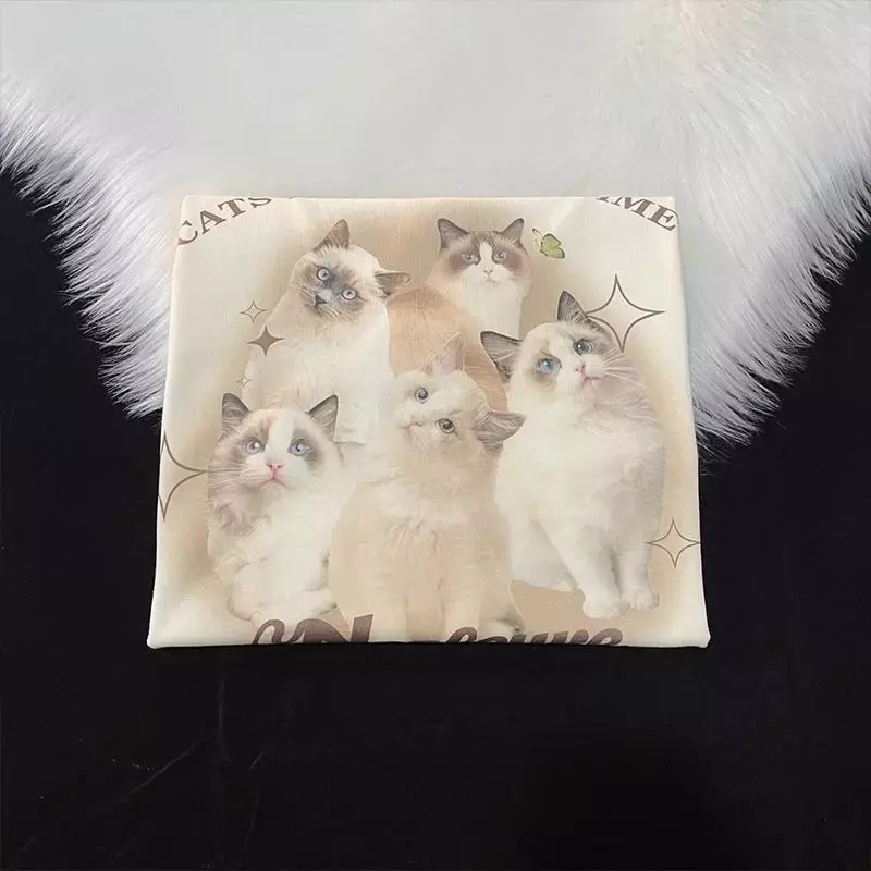 Baumwolle niedlichen Katze Grafik T-Shirt Sommer Mode lose Frauen Vintage Persönlichkeit frische Kunst Kawaii Kleidung Kurzarm Tops