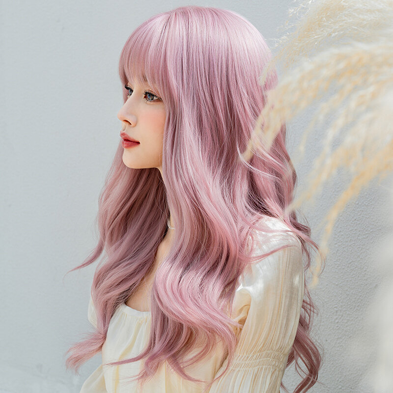 NAMM Lolita Wig Synthetic Wavy Pink Hair Wig for Women Daily Party Loose Body Wave Sweetheart Pink Wigs with Neat Bangs