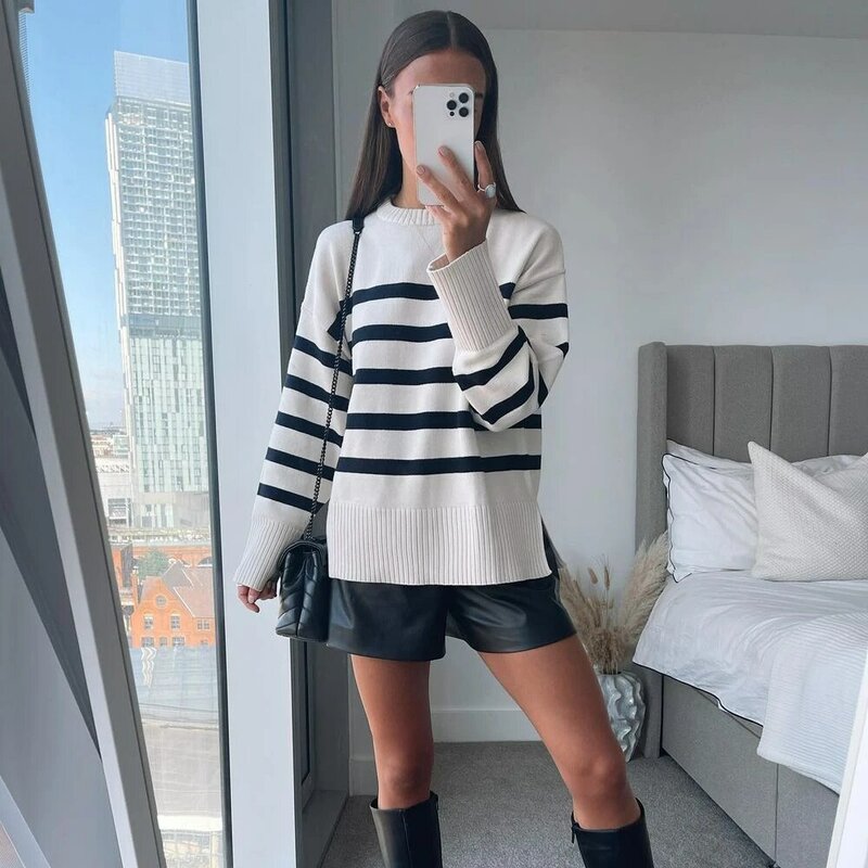 Mulheres listrado de malha stweater solto casual simples pulôver topo manga longa o pescoço streetwear moda coreana outono inverno 2022
