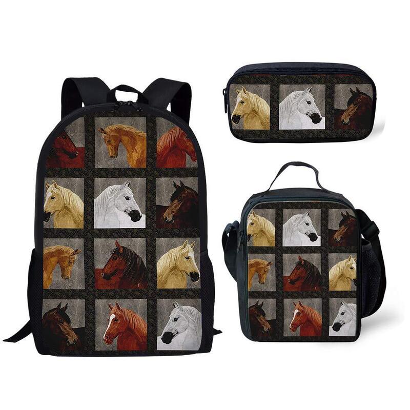 Popular Funny Broken flower horse 3D Print 3pcs/Set pupil School Bags Laptop Daypack Backpack Lunch bag Pencil Case