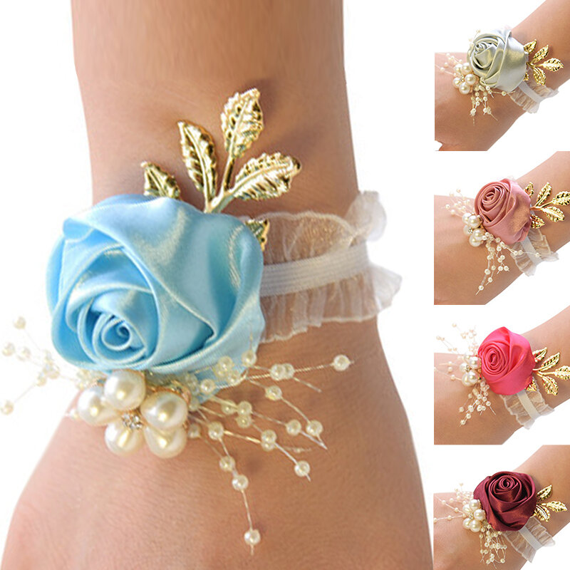1 buah bunga mawar imitasi pengiring pengantin gelang bunga tangan pernikahan Prom hadiah Aksesori pernikahan untuk tamu pengantin korsase