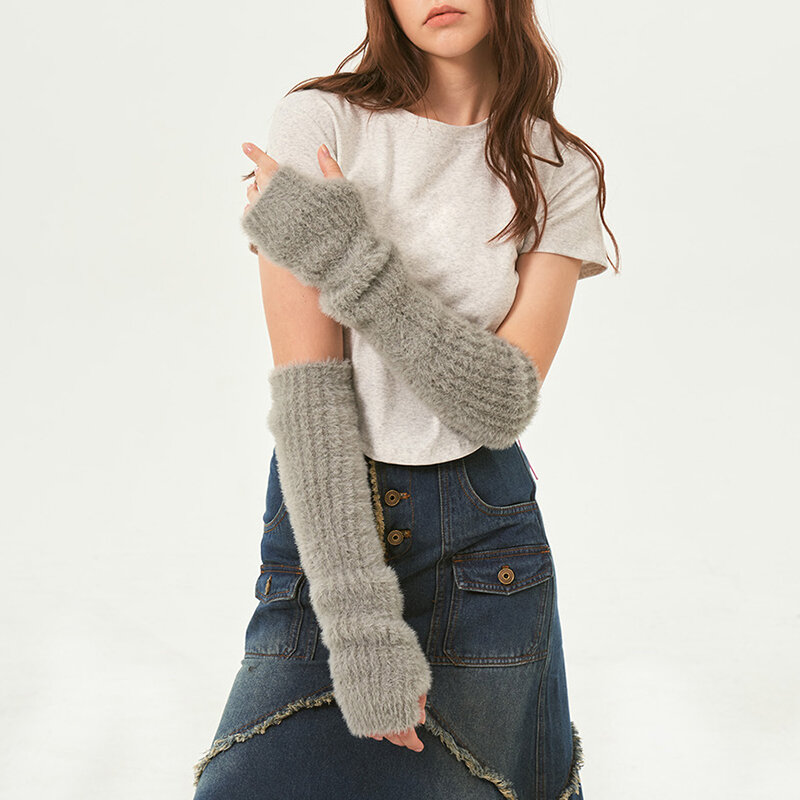 Scaldamuscoli in lana senza dita in pelliccia sintetica con maniche a braccio in maglia tinta unita da donna caldo lungo inverno