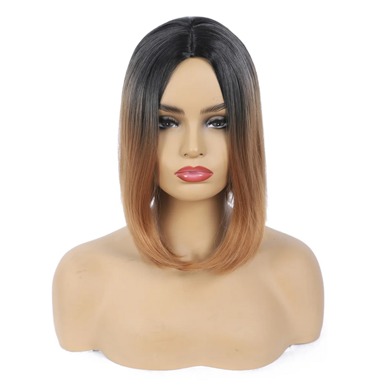 Wig Fashion wanita rambut pendek, potongan tengah warna kepala serat kimia sutra suhu tinggi penutup kepala Wig E