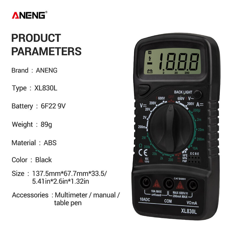 ANENG-Multímetro digital de medición de capacitancia, medidor Esr XL830L con pantalla digital en color negro para transistores eléctricos automotrices Dmm