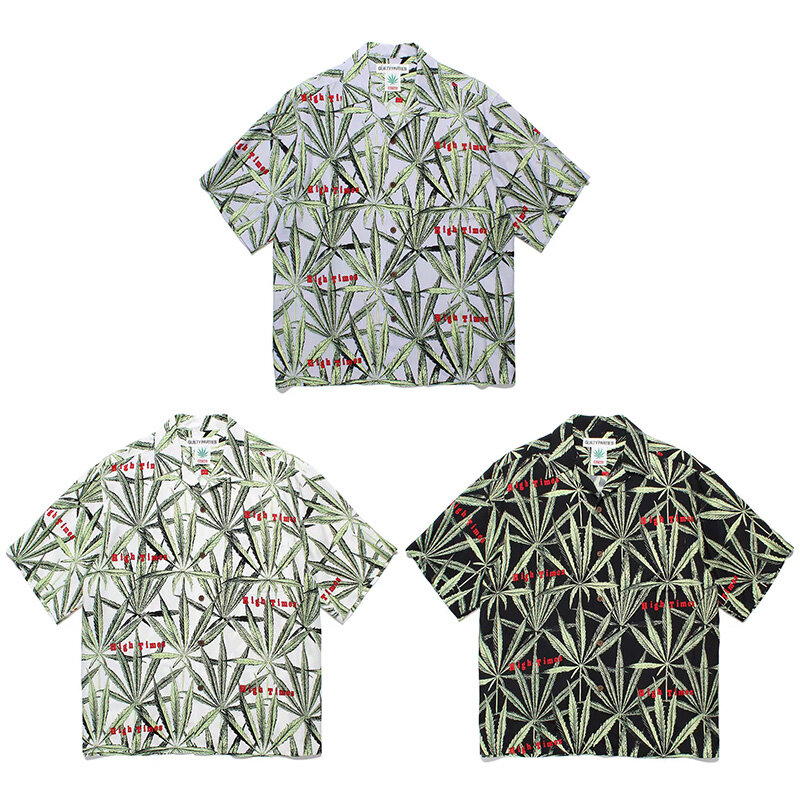 WACKO MARIA Hawaii camisas para homens e mulheres, folhas com estampa completa, camiseta casual solta, tops de manga curta, boa qualidade, verão, 1:1, 2024ss