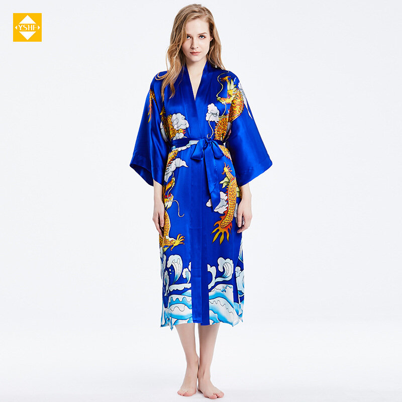 100% 뽕나무 실크 기모노 잠옷, 원단 우아하고 편안한 긴 홈웨어, 항저우 공장 직판, 여름 신상