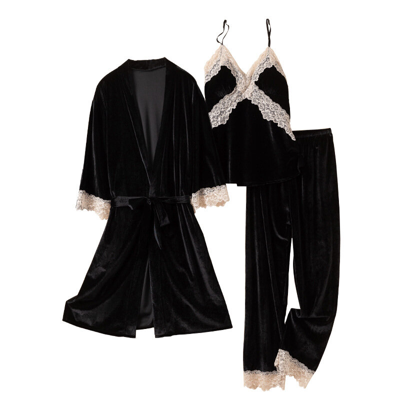 Conjunto de Pijama de terciopelo de 3 piezas para mujer, bata de baño tipo Kimono, ropa de dormir holgada para el hogar, Otoño e Invierno