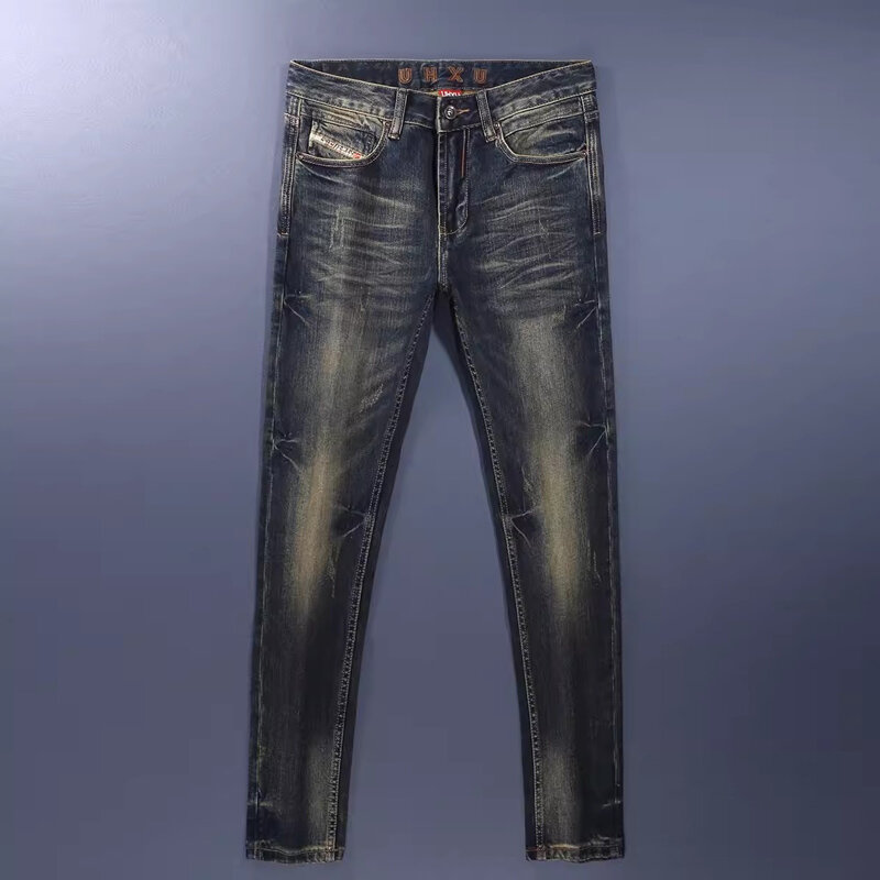 Ropa de calle de moda para hombre, pantalones vaqueros Retro de alta calidad, azul oscuro, elásticos, ajustados, divididos, diseñador Retro, H
