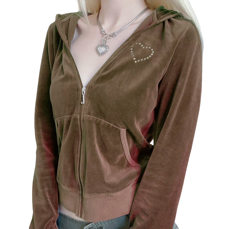 Damski płaszcz z kapturem z długim rękawem Zipper Heart boczne kieszenie jesień wiosenna ulica Casual luźna krótka aksamitny płaszcz jesienno-zimowa odzież