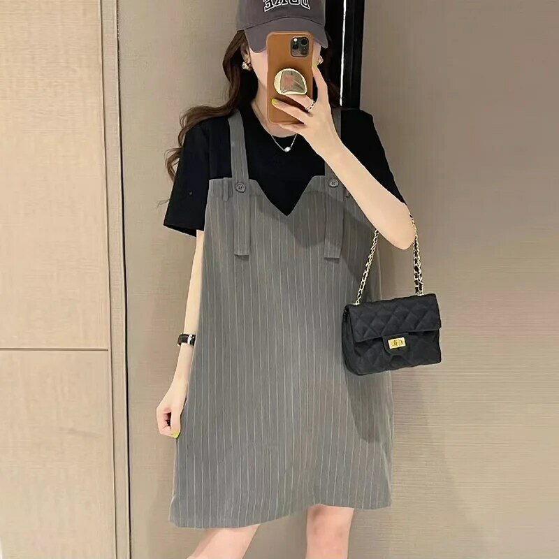 Fake Two Pieces Spliced Midi Dress Summer Korean Striped Female Clothing Casual Short Sleeve All-match Loose Straight Dresses