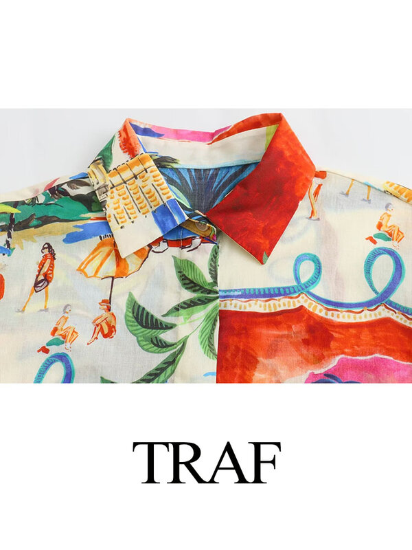 Элегантная Женская Повседневная шикарная блузка TRAF с коротким рукавом, Женский Топ с винтажным принтом, однобортная рубашка с карманами и воротником с украшением