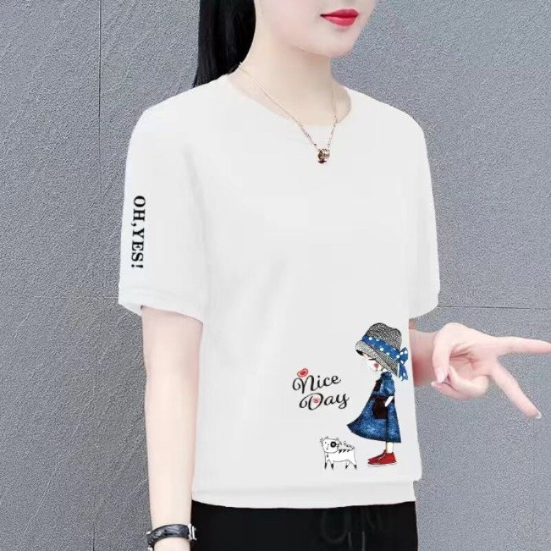 Summer Women's Clothing Casual O-Neck Cartoon Printed T-shirt 2024 Fashionable All-match Short Sleeve Commute Tops for Female
