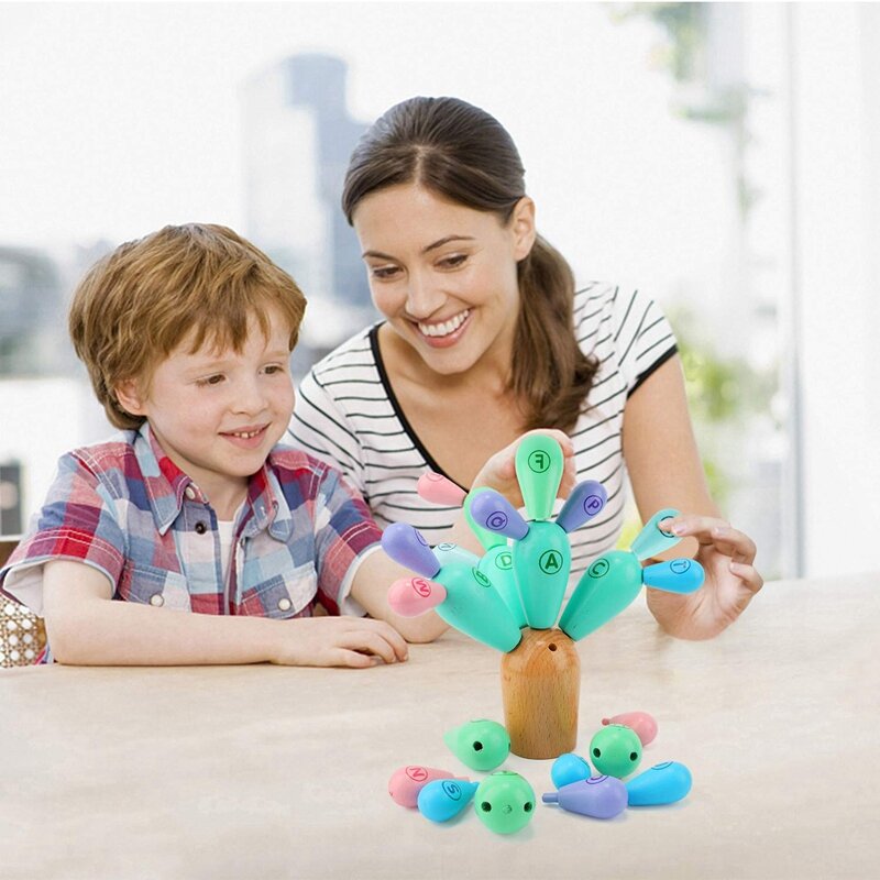 Mainan kaktus keseimbangan kayu untuk anak-anak mainan konstruksi blok bangunan kaktus kayu permainan keterampilan untuk anak laki-laki dan perempuan